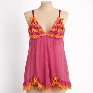 Vintage Y2K Lace Mesh Babydoll Chemise Size 18 20 Hot Pink Lingerie Bow Ruffle